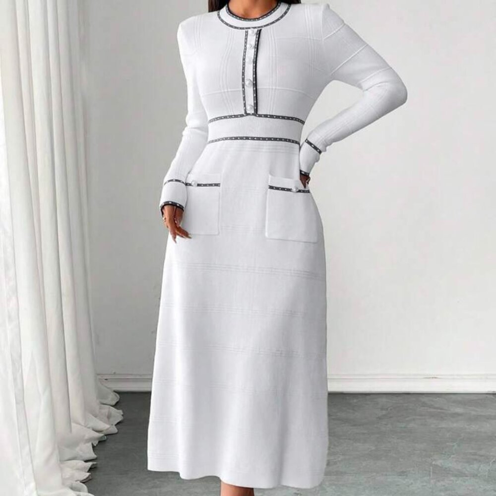 Classic Elegant Waisted Round Neck Sweater Dress - Picture 3 of 6